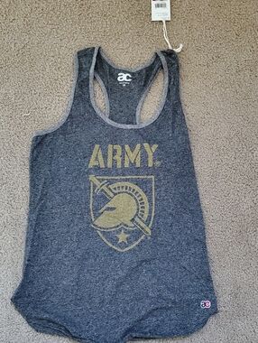 ARMY Gold Helmet Graphic Racerback Tank - Dark Heather Gray. Size M